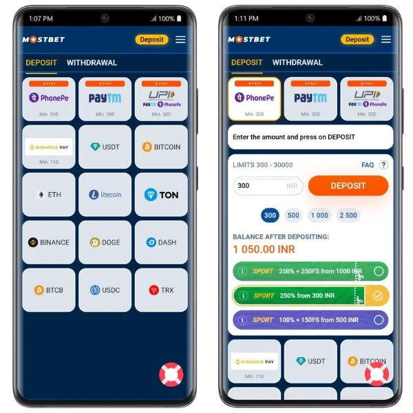 An image showing a variety of payment methods to make a deposit on Mostbet