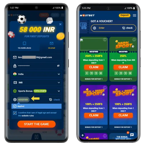 An image showing Mostbet registration page and welcome offer