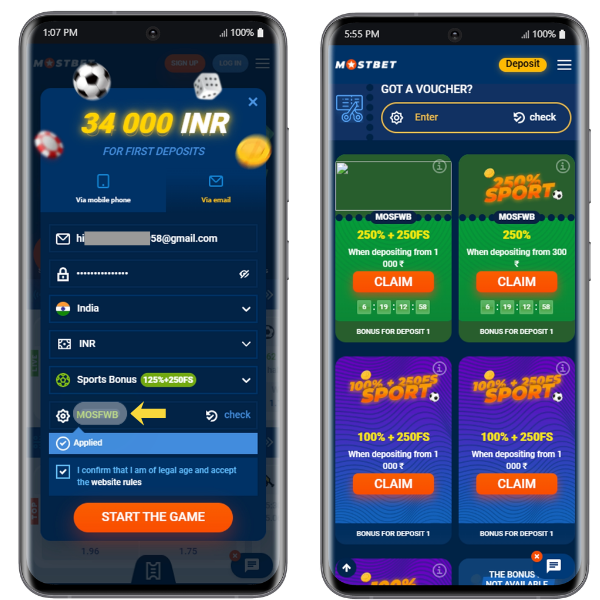 Image showing Mostbet registration page and welcome offer
