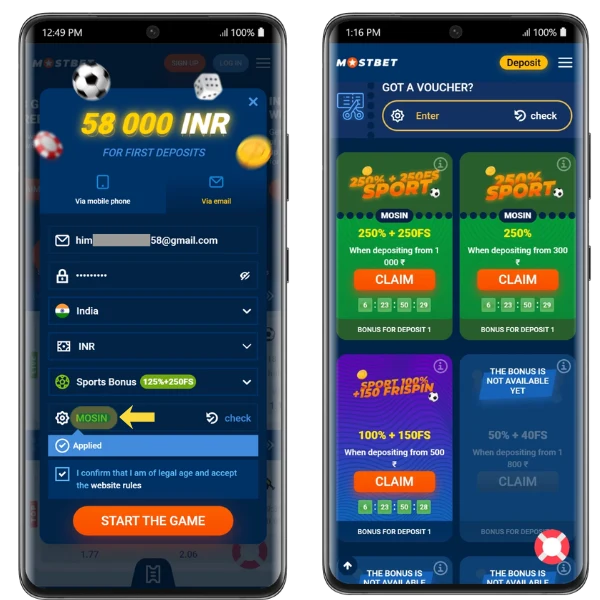 An image showing Mostbet registration page and welcome offer