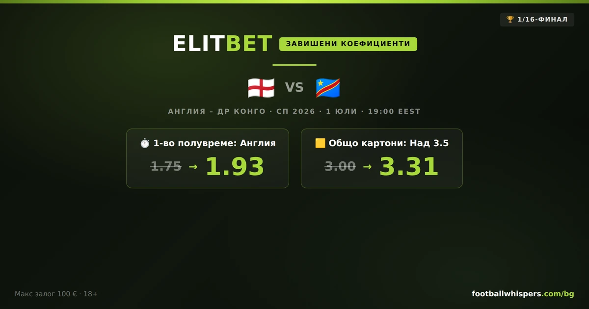 ElitBet бонус за Англия &ndash; ДР Конго СП 2026: Завишени коефициенти