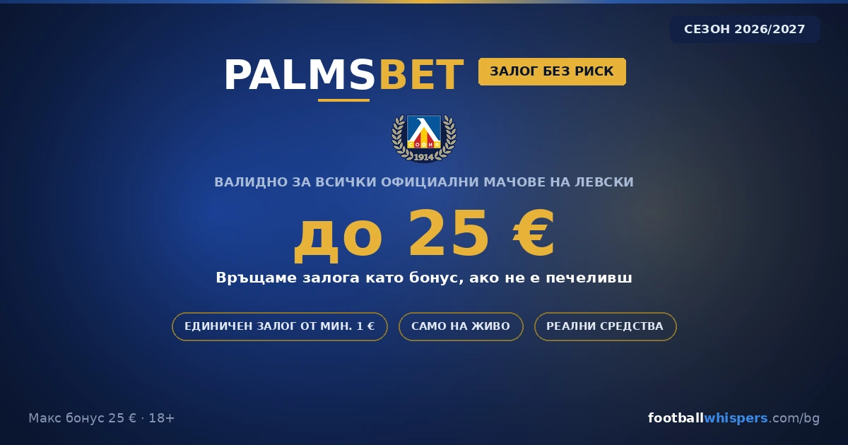 Palms Bet Залог без риск: 25 &euro; за Левски - АЕК Атина 18.08.2026
