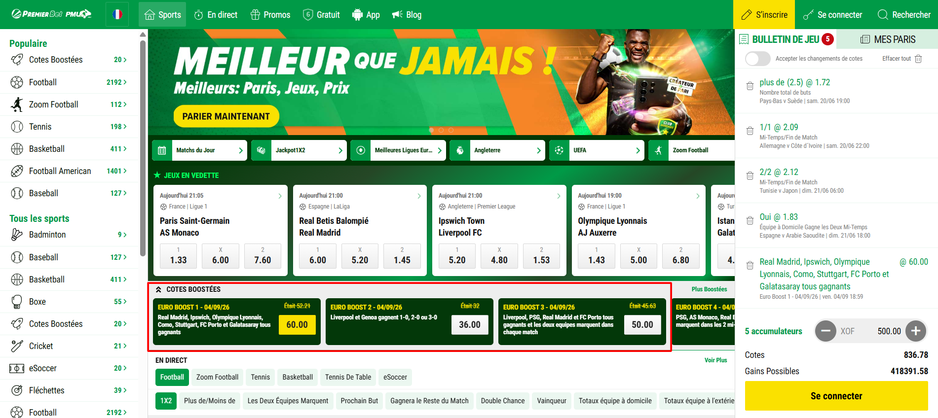 Cotes boostees match euro code promo premier bet