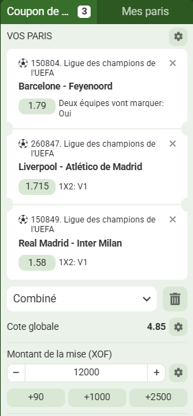 Mon ticket match combin&eacute; Ligue des champions premi&egrave;re journ&eacute;e code promo Linebet