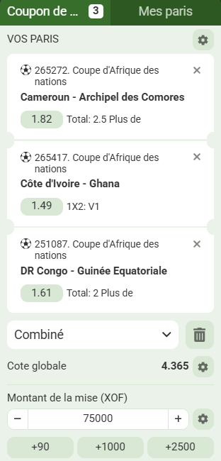Mon ticket match combin&eacute; CAN j1 &eacute;limination Cameroun, C&ocirc;te d'ivoire, RD Congo