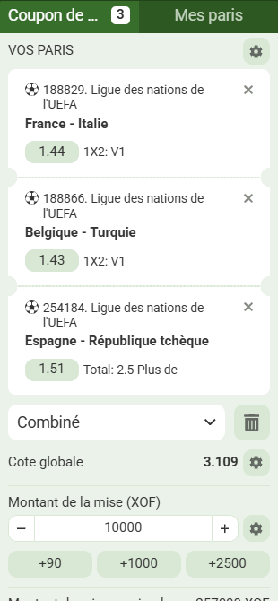 Sélection de 3 matchs pour ticket combiné sur Linebet sur la compétition la Ligue des nations UEFA