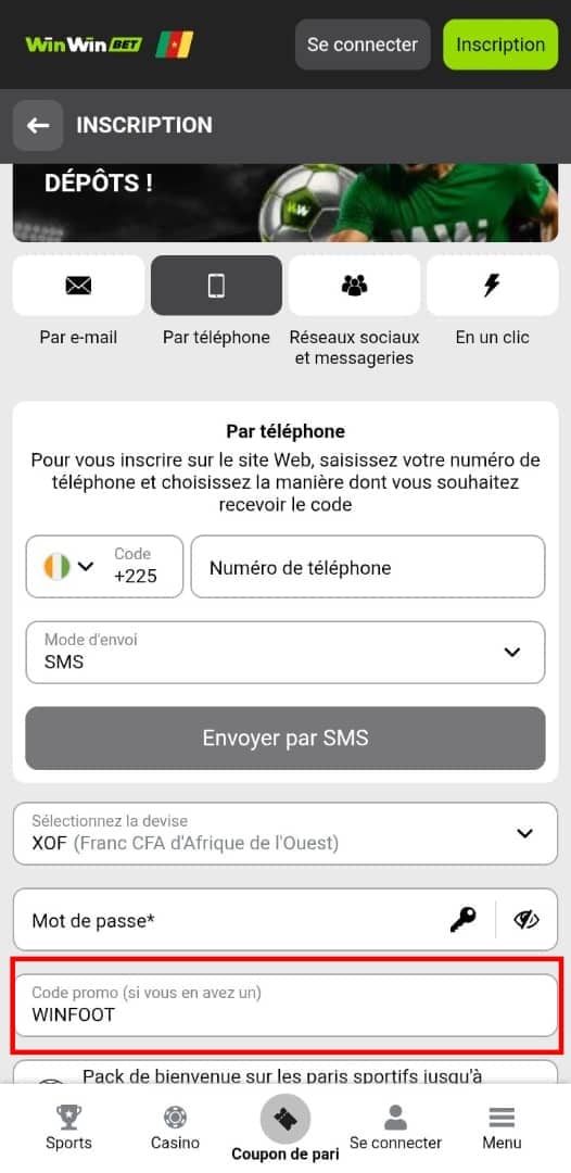 Code promo WinWin ajout&eacute; &agrave; l'inscription