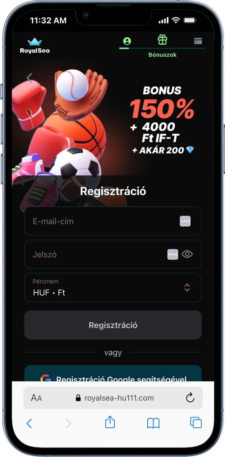 RoyalSea regisztrációs űrlapja