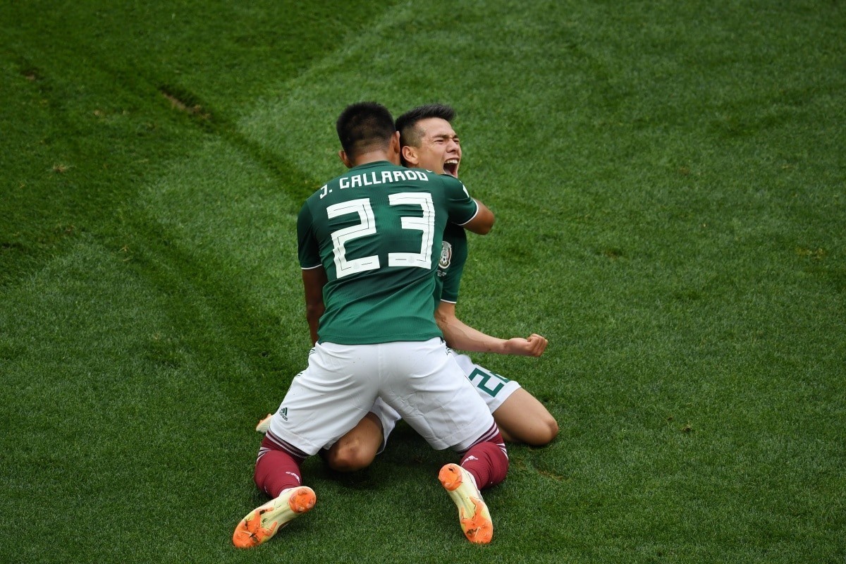 Mexico goal scorer Hirving Lozano celebrates his effort against Germany