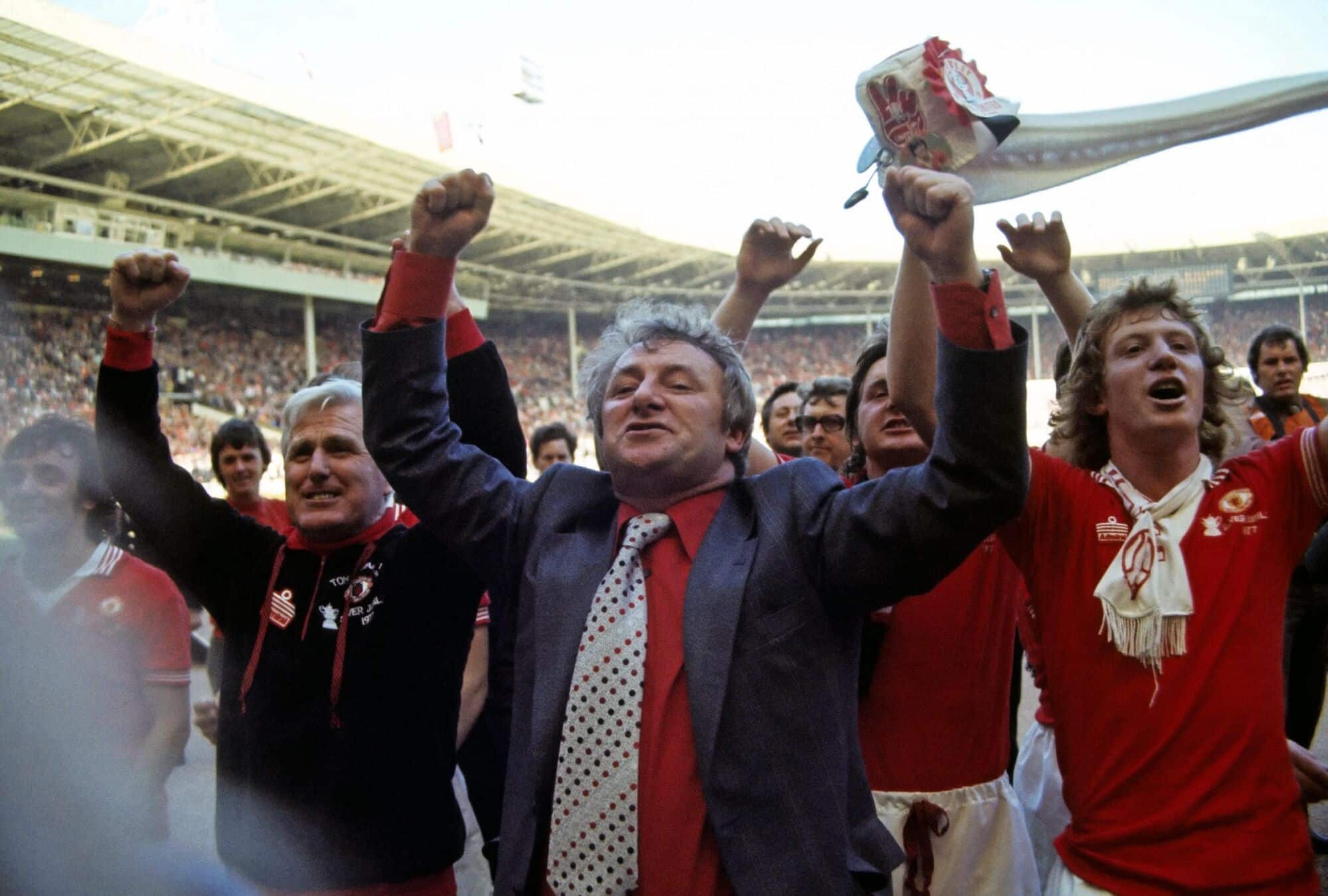 Tommy Docherty celebrates 1977 FA Cup Final win