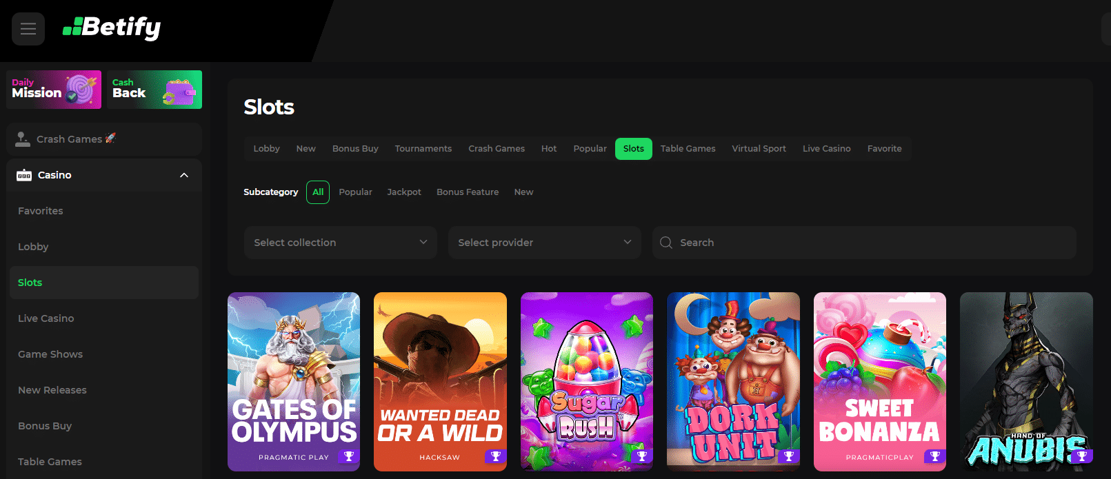 Interfaccia di Betify Casino Online