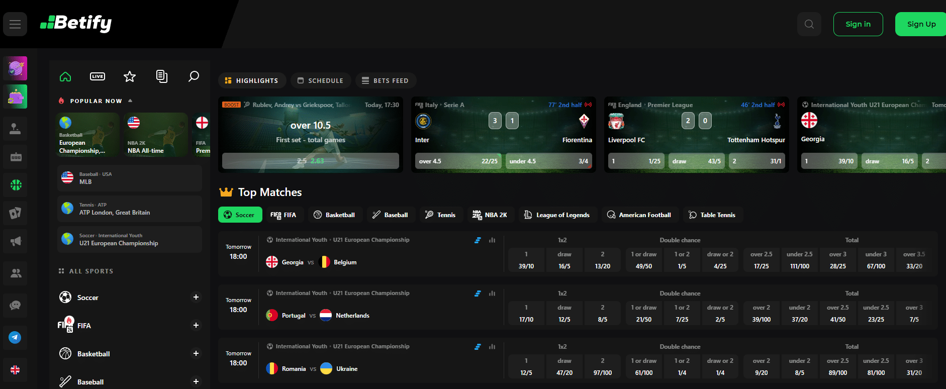 Interfaccia della piattaforma di sport betting su schermo desktop