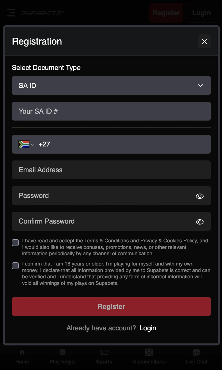Supabets registration form