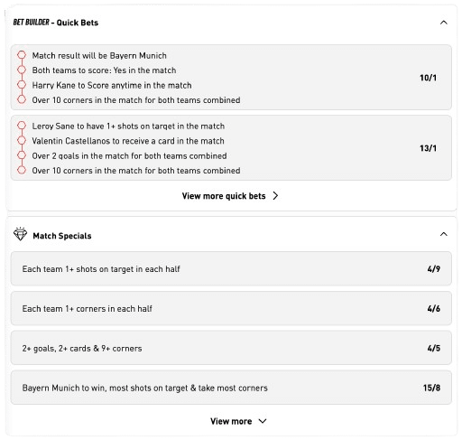 Bet builder and match specials football betting markets