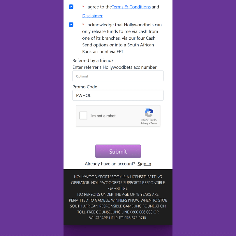 Register with Hollywoodbets