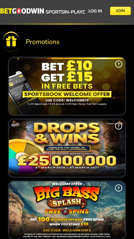 betgoodwin promotions page and current bonuses