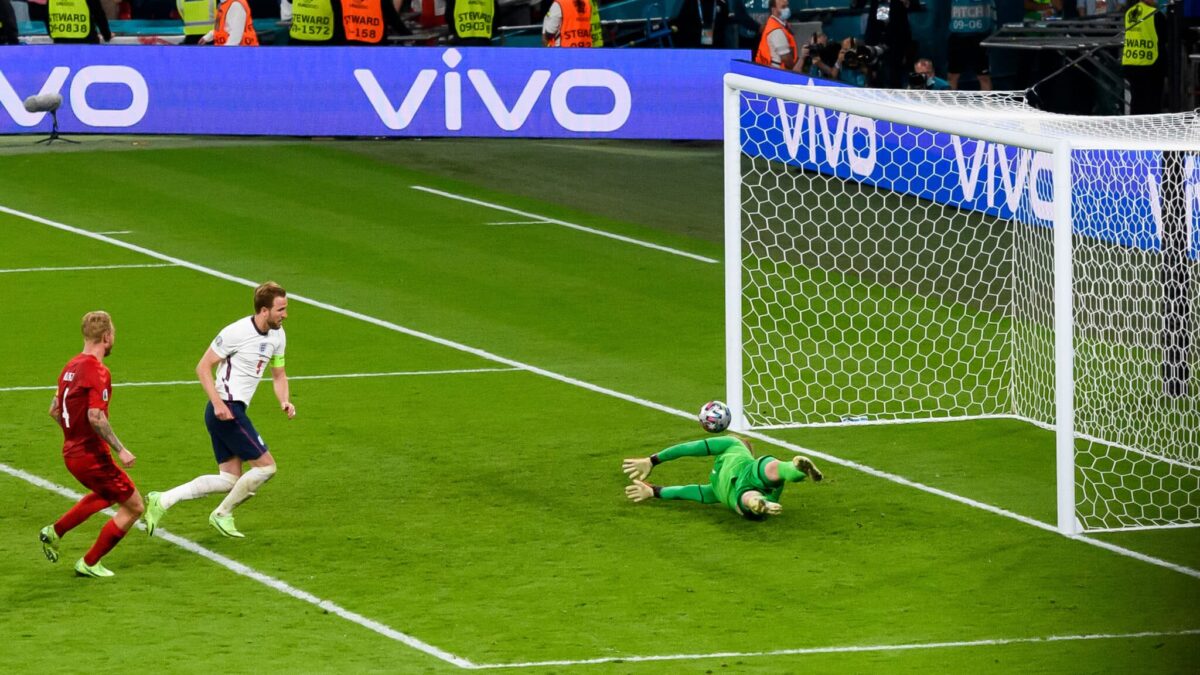 Harry Kane scoring against Denmark at Euro 2020