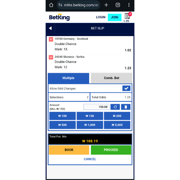BetKing old mobile betslip