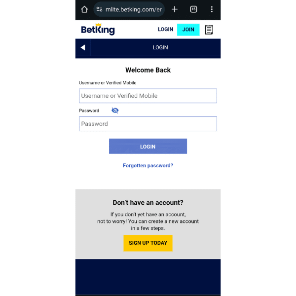 BetKing old mobile log in