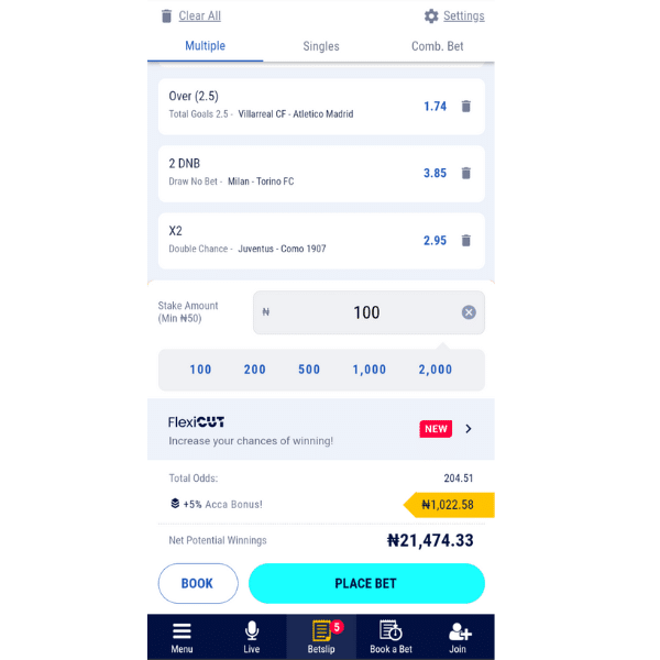 Screenshot of a betting slip showing selected football bets, including &ldquo;Over (2.5)&rdquo; for Villarreal CF vs. Atletico Madrid, &ldquo;2 DNB&rdquo; for Milan vs. Torino FC, and &ldquo;X2&rdquo; for Juventus vs. Como 1907. The stake amount is set to ₦100, with total odds of 204.51. A &ldquo;+5% ACCA Bonus&rdquo; of ₦1,022.58 is applied, and the net potential winnings are ₦21,474.33. Buttons for &ldquo;BOOK&rdquo; and &ldquo;PLACE BET&rdquo; are visible at the bottom, along with a navigation menu.