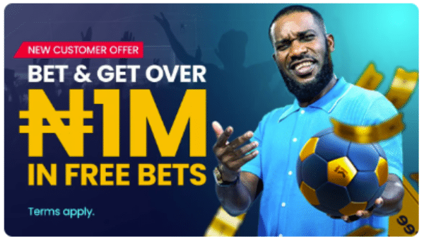 Betking's New Season Offer featuring a man in a blue shirt holding a blue and gold soccer ball, surrounded by floating cash. The text advertises &ldquo;Bet & Get Over ₦1M in Free Bets.&rdquo; The background has a dark blue gradient with cheering silhouettes. &ldquo;Terms apply&rdquo; is noted at the bottom.