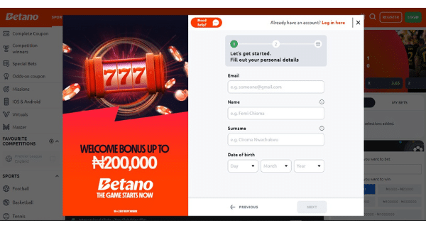 Betano registration - step 1