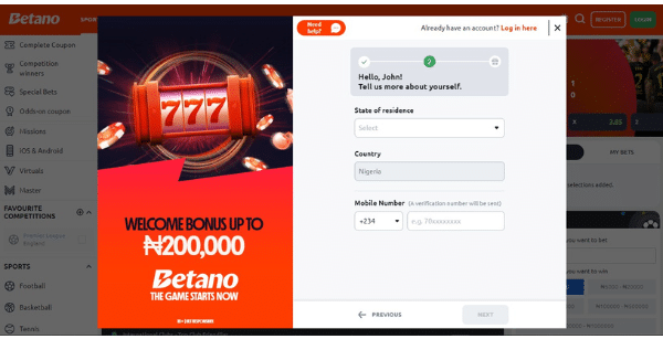 Betano registration - step 2