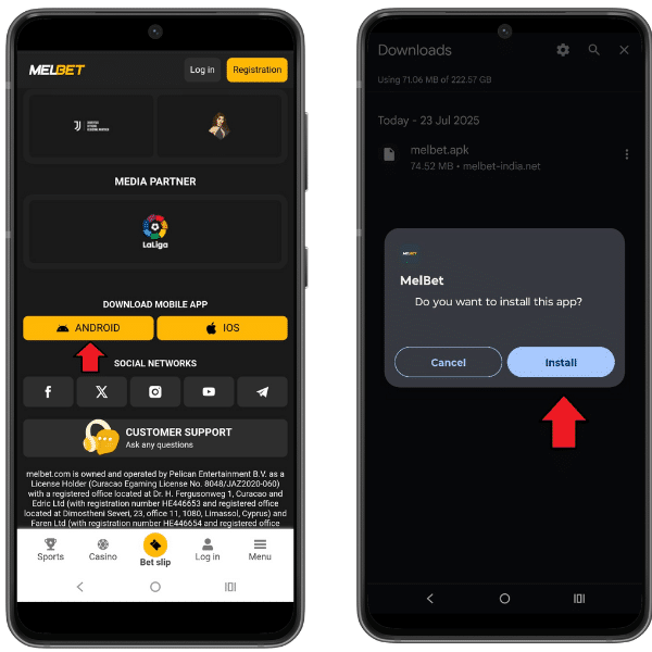 Two mobile screenshots showing the Melbet app download option for Android and the prompt "Do you want to install this app"