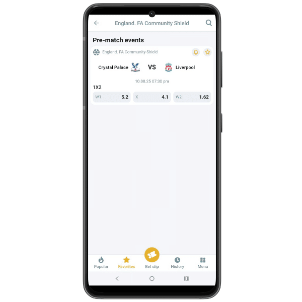 Screenshot showing pre-match football odds for Crystal Palace vs Liverpool in the FA Community Shield on the Melbet mobile app