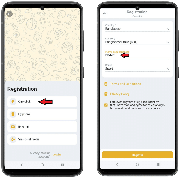 Two screenshots showing the sign-up methods on the Melbet app and the registration form with the details and an arrow pointing at the code 'FWMEL'