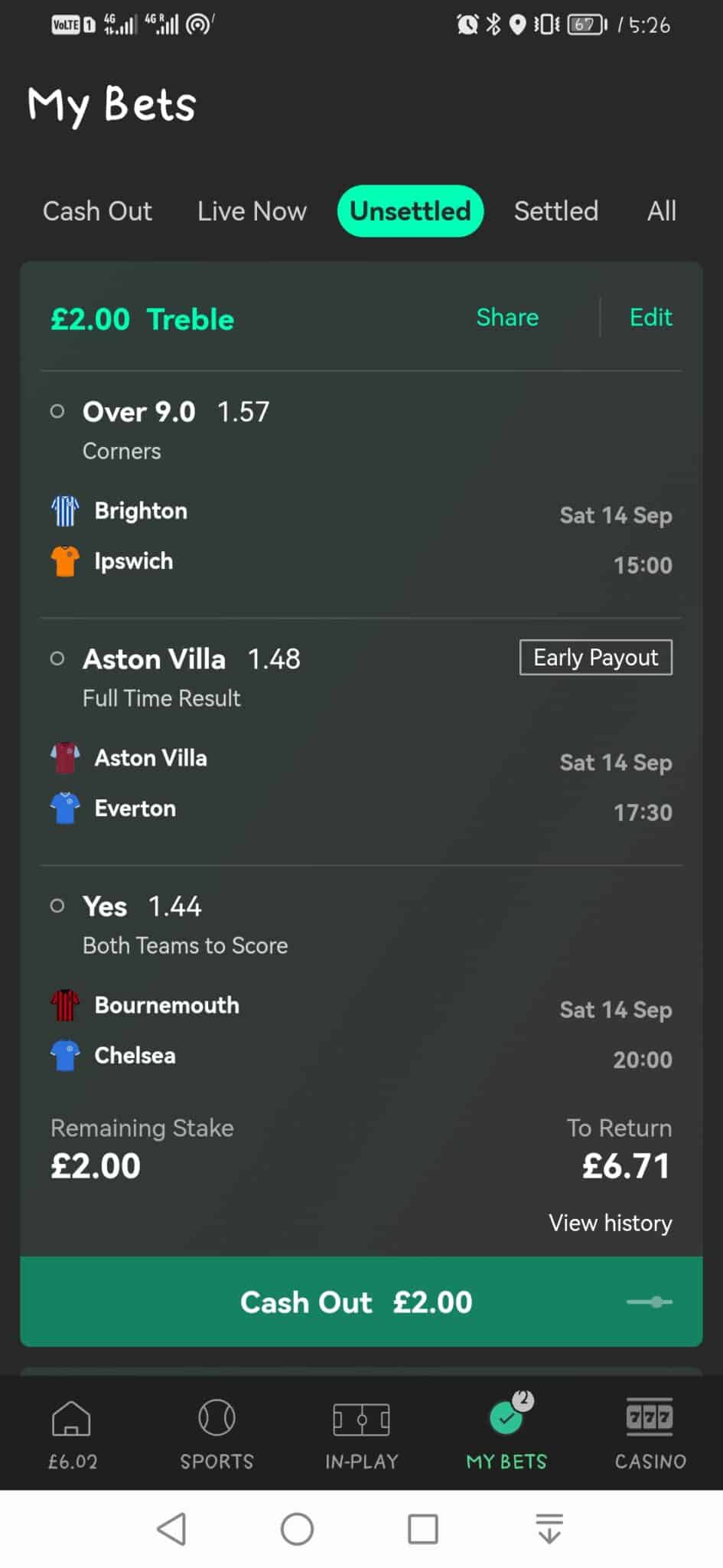 Image of a Bet365 bet slip with three games chosen.
