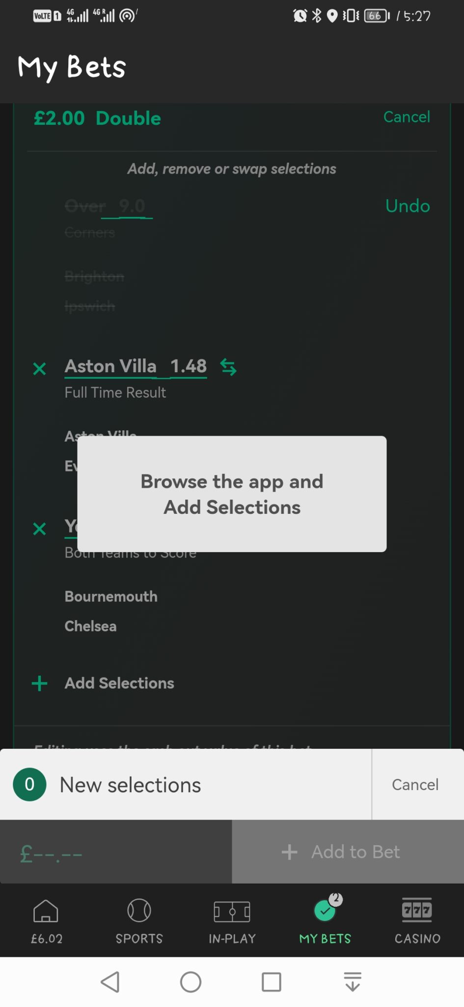 Image of a pop up demonstrating how to add a selection to a Bet365 Edit Bet.
