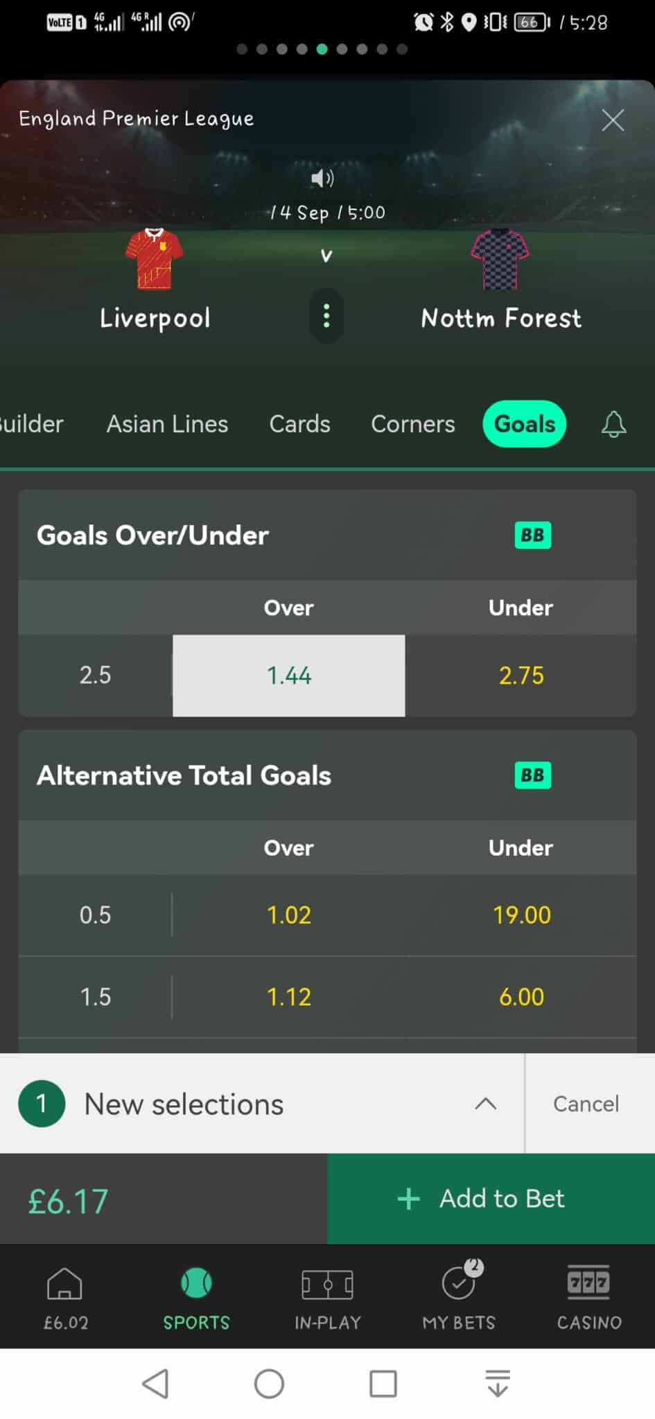 Picture adding a bet to a Bet365 bet slip.