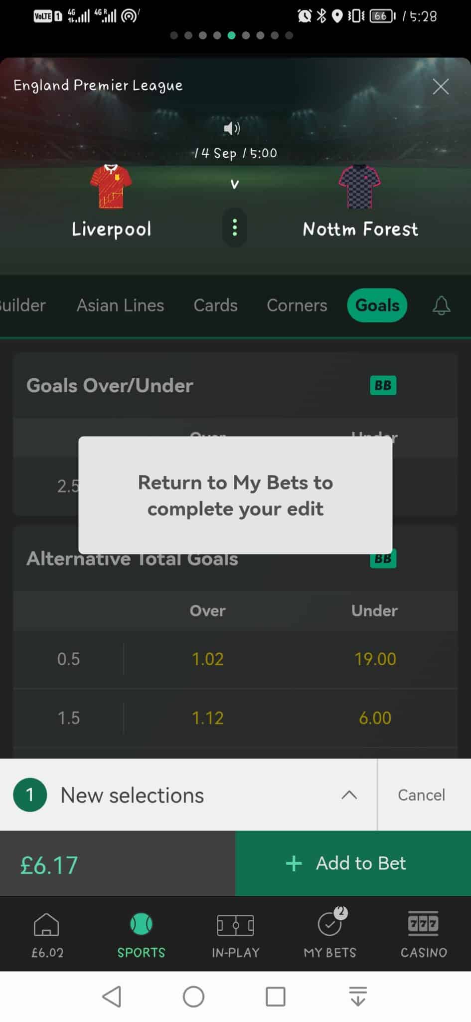 Pop up telling a better to complete his Bet365 Edit Bet.