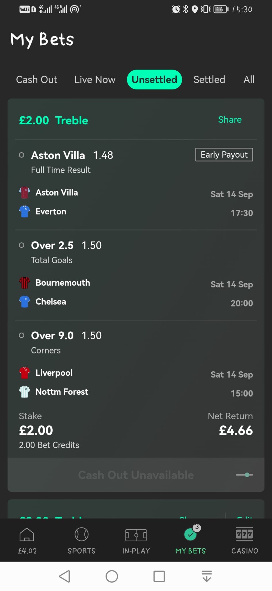 Pic of the final bet slip after using the Edit Bet feature on Bet365 mobile app.