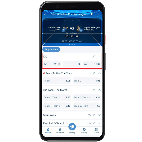 Selecting 1x2 pre-match market on LSG vs RCB IPL game on the 1xBet app