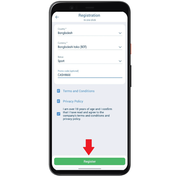 One-click registration on the 1xBet app