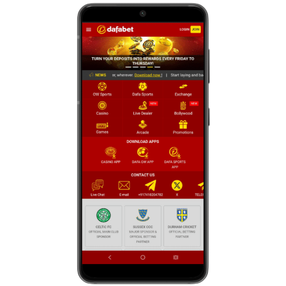 Dafabet mobile homepage showing top navigation and app links