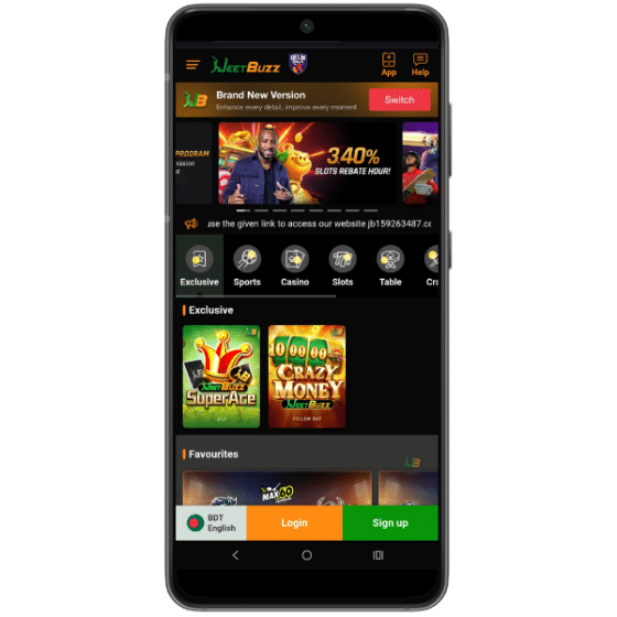 JeetBuzz Android homepage showing sports and casino categories