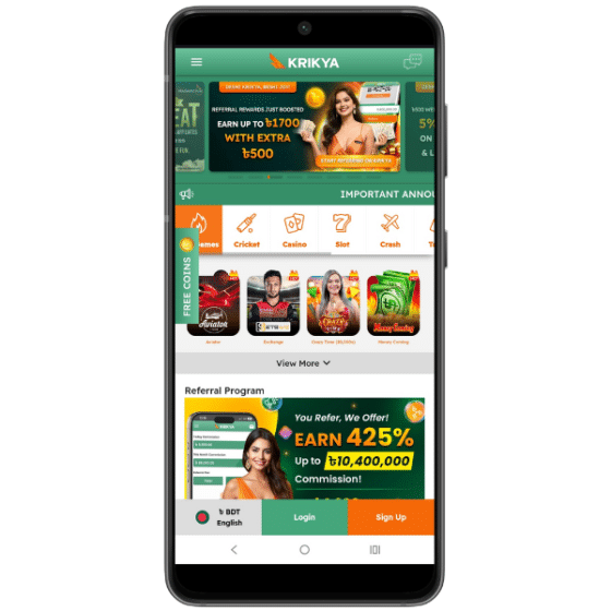 Krikya app homepage showing sports and casino tabs