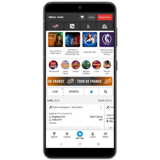 Megapari mobile homepage with cricket scores and game tabs