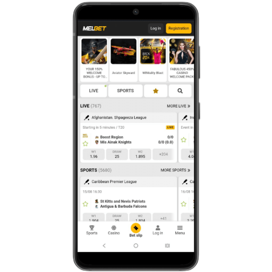 Melbet app homepage with in-play markets and bonus banner