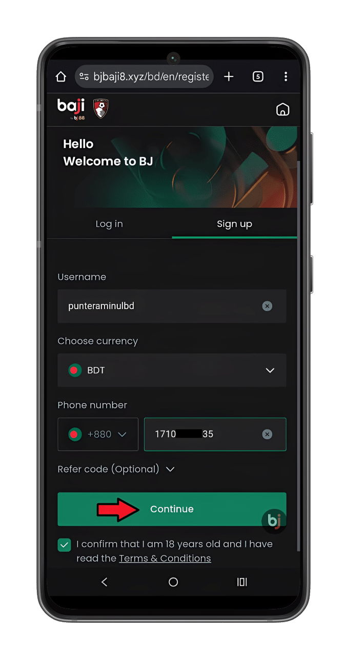 Screenshot showing the Baji registration screen on mobile with the username and phone number entered and a red arrow pointing at 'Continue'.