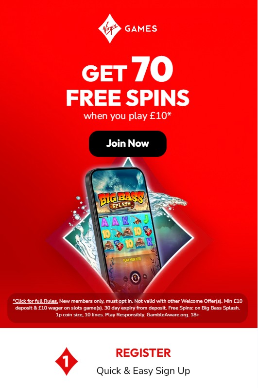 Virgin games free spins welcome offer: 70 free spins on Big Bass Splash