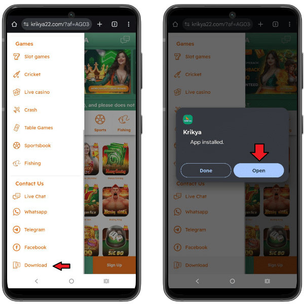Two mobile screenshots of the Krikya site, with an arrow pointing at the 'Download' option and the app installed