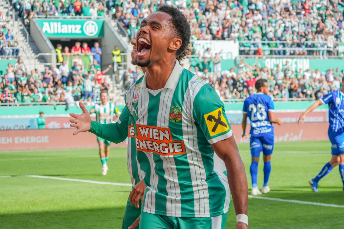 Petter Dahl celebrates after scoring for Rapid Vienna