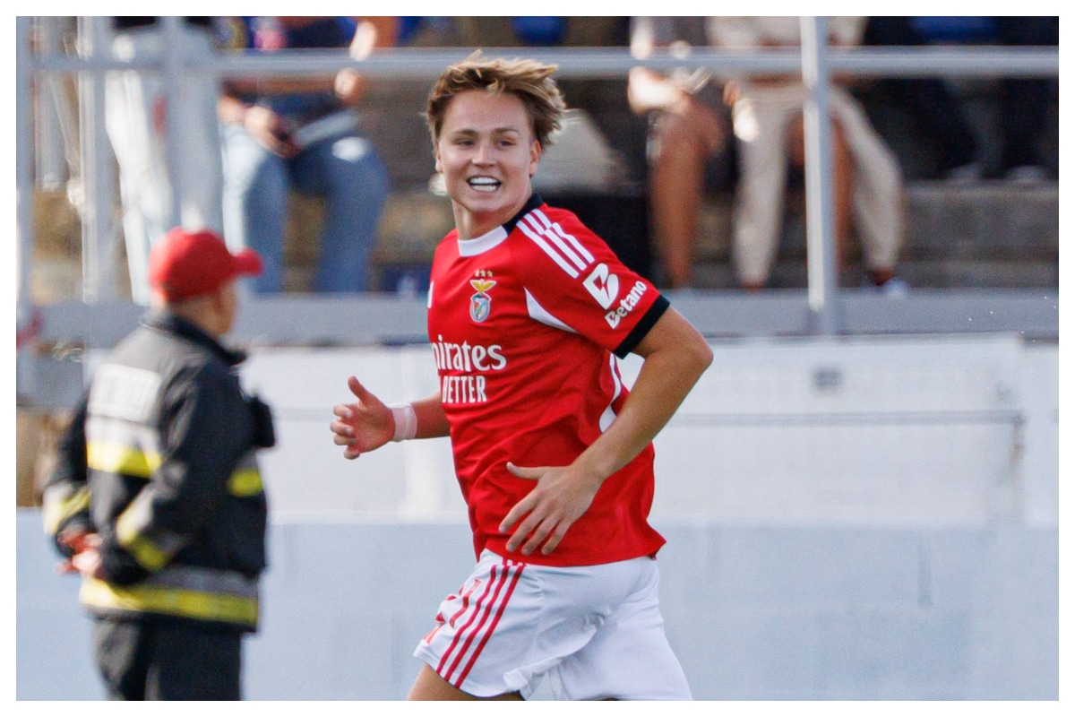 Andreas Schjelderup&nbsp; celebrating his goal for Benfica || Credit - Imago