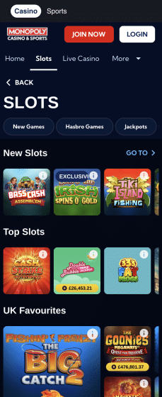 Monopoly casino games menu