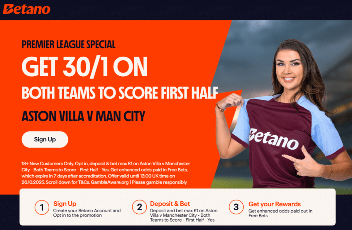 Betano Aston Villa vs Man City promo offer