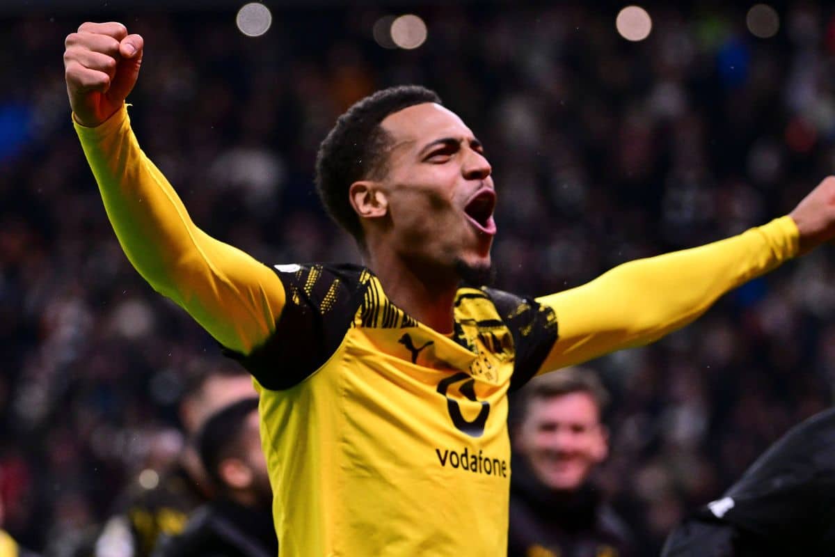 Felix Nmecha pictured celebrating following a Borussia Dortmund victory.